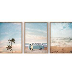Set of 3 Beach Print, Turquoise Van Print, Palm Tree Photo, California Set, Boho Wall Decor, Summer Poster, Ocean View, Tropical Art