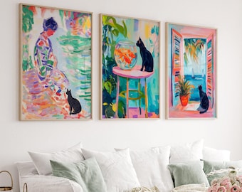 Black Cat Wall Art Set of 3, Matisse Inspired Prints, Colorful Cat Poster,  Gift for Cat Lover 26