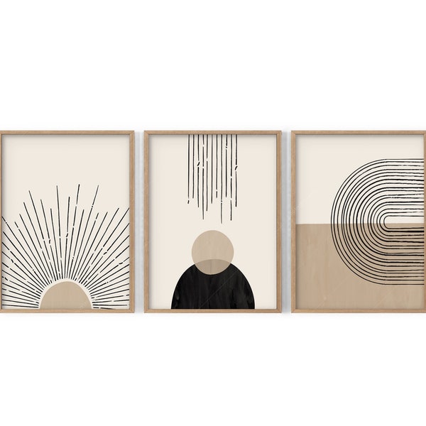 Mid-century wall art Living room wall decor Set of 3 prints Beige and black colors Neutral wall art Boho art set Dining Room art Minimalist