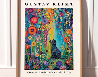 Gustav Klimt Style Black Cat Art Print, Colorful Whimsical Decor