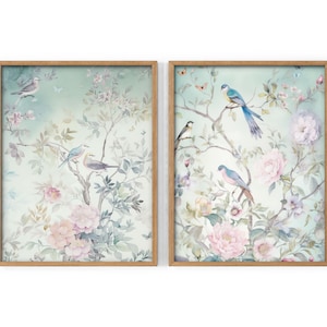 Set of 2 Chinoiserie flower prints Girl&#39;s room Delicate floral theme Vintage Chinese art Watercolor painting Soft green blue and pink