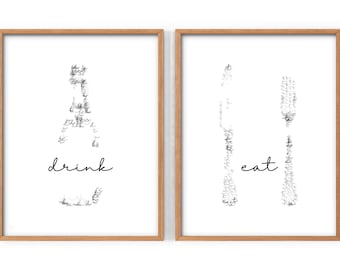 Modern kitchen, Set of 2 Kitchen print, Champagne wall art, Eat Drink poster, Dining room, Black white print, Party decor, Above Bar Cart