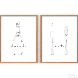 Moderne keuken, set van 2 keukenprint, champagne kunst aan de muur, poster Eat Drink, eetkamer, zwart-witte print, feestdecor, boven barwagen