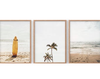 Beach Art Print, Set of 3 Beach Photo, California Wall Art Gallery, Boho Art Print, Surfboard Poster, Palm Tree, Sand Walking, Neutral Color