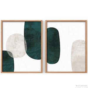 Arte de pared abstracto moderno de 2 piezas, formas geométricas, mediados de siglo, decoración bohemia, arte minimalista, verde esmeralda oscuro, beige neutro, sobre la cama