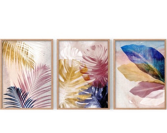 Elegant wall art set, Stylish wall art, Sophisticated decor, Modern 3 Pieces, Tropical Set of 3, Plants and Leaves art, Pink blue tones