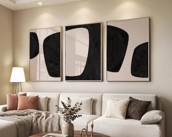 Black Abstract Triptych Print Set, Minimalist Neutral Wall Art, Set of 3, Contemporary Living Room Decor 11