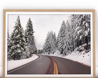 Snow Forest Print, Winter Landscape, Tree Wall Art Print, Forest Road Wall Decor, Winter Photography, Bedroom Decor, California Highway