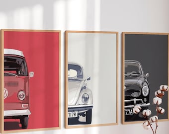 Car Lovers Gift, Men Office Decor, Gift for him, Boys Room, Retro Van, Bus Beetle, Set of 3 Poster, Vintage Classic Cars, Bar Wall Art Decor