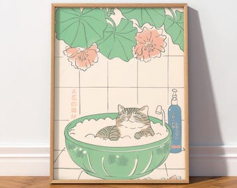 Tabby Cat Japanese Bath Print: Japandi Bathroom Wall Art 1