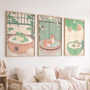 Japanese Bathroom Art Prints: Cat, Frog, Fox in Tubs - Set of 3