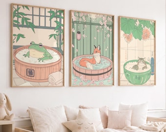 Japanische Badezimmer Kunstdrucke: Katze, Fuchs, Frosch in Wannen - 3er-Set