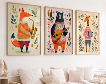 Musical Animal Nursery Art Set of 3, Whimsical Woodland Decor, Kids Room Decor, New Baby Gift 8