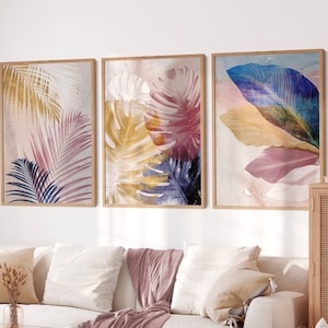 Elegant wall art set, Stylish wall art, Sophisticated decor, Modern 3 Pieces, Tropical Set of 3, Plants and Leaves art, Pink blue tones