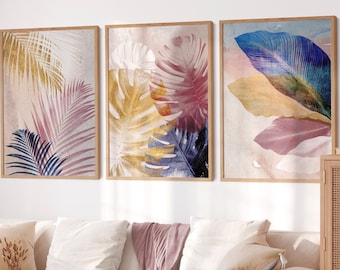 Elegant wall art set, Stylish wall art, Sophisticated decor, Modern 3 Pieces, Tropical Set of 3, Plants and Leaves art, Pink blue tones