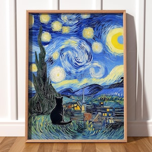 Sternennacht mit Katze Kunstdruck Vincent van Gogh Katzenplakat Schwarze Katze Kunst Lustiges Geschenk Mondhimmel für Katzenliebhaber Berühmtes Kunstwerk 27