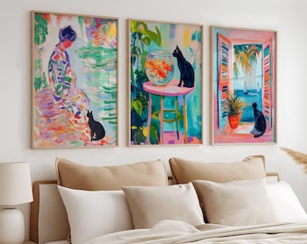 Black Cat Wall Art Set of 3 Matisse Inspired Prints Colorful Cat Poster Aesthetic Room Decor Gift for Cat Lover
