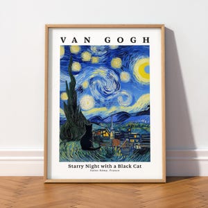 Starry Night Cat Wall Art Van Gogh Inspired Decor 32