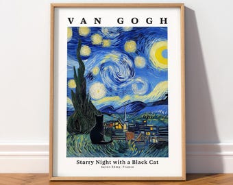 Starry Night Cat Wall Art Van Gogh Inspired Decor 32