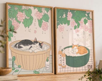 Cute Cats Poster, Cozy Bathroom Japandi Decor, Set of 2 Prints, Japanese wall art  3