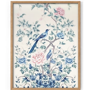 Chinoiserie flower print Delicate floral theme Vintage bird art Watercolor painting Soft blue and pink Bedroom art Daughter gift Dining art
