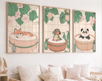 Japanese Style Animals Art Print Set, Cute Fox Dog Panda Bathroom Decor, Ukiyo-e Woodblock Poster Set, 3 Piece Bathroom Wall Art 7