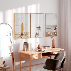Strand Kunstdruck, 3er-Set Strandfoto, California Wall Art Gallery, Boho Kunstdruck, Surfbrett Poster, Palme, Sand zu Fuß, neutrale Farbe