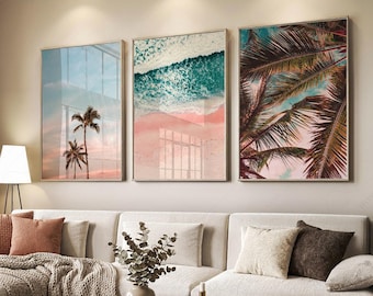 Juego de 3 láminas de arte mural costero, láminas de playa, póster de palmeras y océano, decoración de pared estética rosa y azul, arte tropical para dormitorio 19