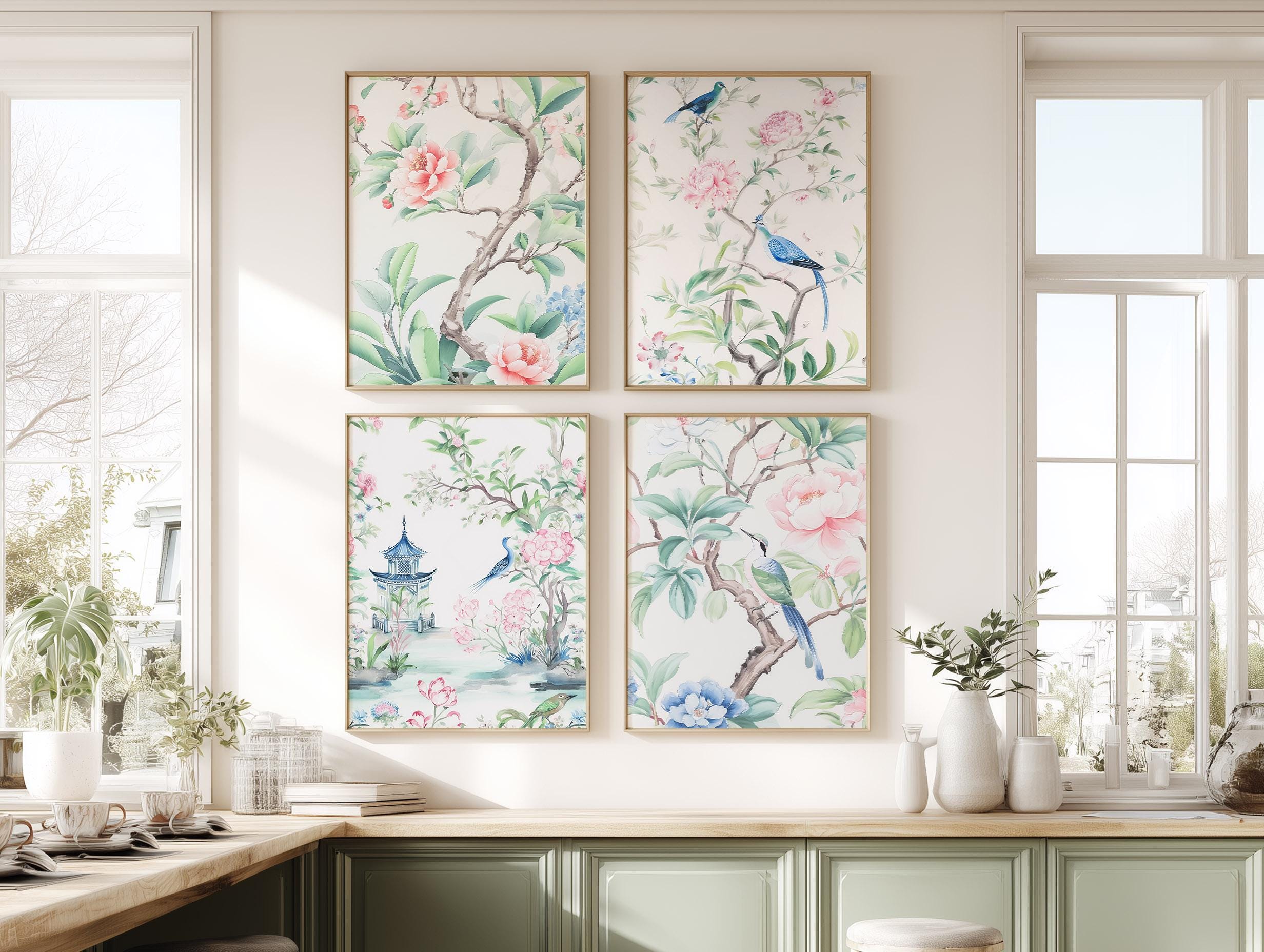 Chinoiserie Bird & Peony Art, Set of 4 Pastel Garden Wall Prints ...