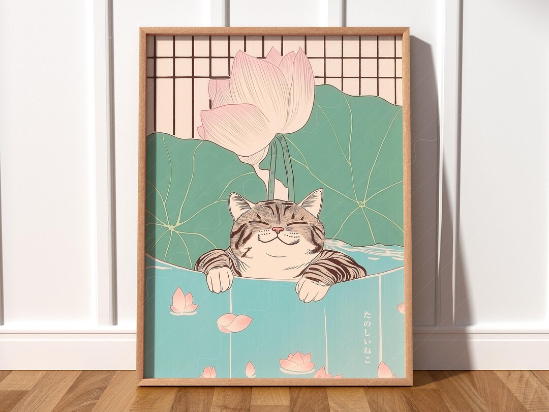 Funny Cat in Japanese Bathtub Art Print: Minimalist Bathroom Decor - Etsy