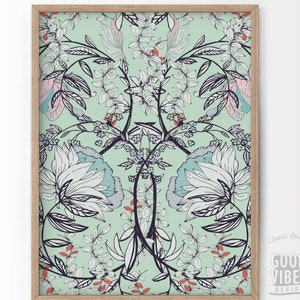 William Morris Print, Floral Wall Art, Blue Green Color Decor, William Morris Pattern, Gift for her, Bedroom Wall Art, Kitchen Decor