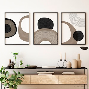 Modern 3 Piece, Neutral Wall Prints, Monochrome Minimalist, Gallery Wall, Abstract Hand Painted, Circles Shapes, Beige Black Lines 7