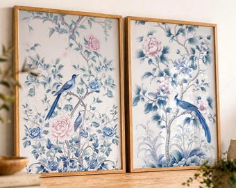 Chinoiserie Wall Art Set of 2, Blue Floral Bird Prints, Vintage Botanical Decor, French Country Wall Art