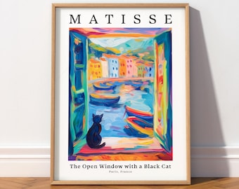 Matisse Cat Painting, Colorful Window View, Whimsical Wall Art