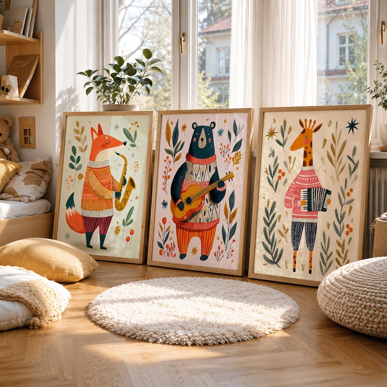 May include: Three framed wall art prints featuring anthropomorphic animals playing musical instruments. A fox plays a saxophone, a bear plays a guitar, and a giraffe plays an accordion. Each animal wears a patterned sweater amidst botanical foliage.