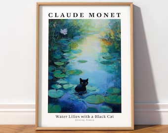 Monet Inspired Black Cat Art Print - Water Lilies Painting
