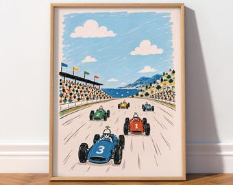 Vintage Race Car Nursery Print, Wall Art for Boys Room, Formula Race Track Illustration, Colorful Kids Bedroom Decor, Motorsport Poster
