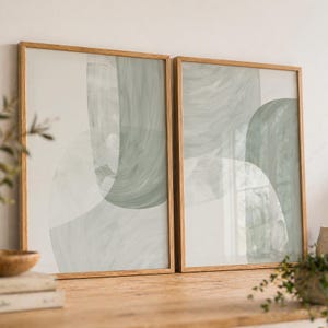 Sage Green Abstract Wall Art Set of 2, Painterly Brushstroke Print Set t 51-9