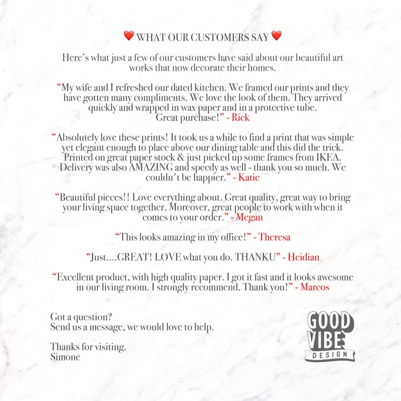 Puede incluir: Un fondo blanco con testimonios de clientes sobre impresiones art&iacute;sticas. El texto dice "WHAT OUR CUSTOMERS SAY" en la parte superior. El logotipo de Good Vibe Design est&aacute; en la esquina inferior derecha.