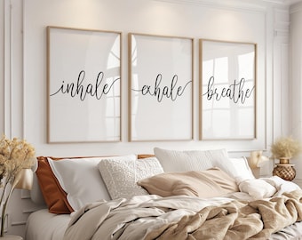 Inhale Exhale Breathe Art Print Set, Minimalist Cursive Typography Poster Set, Calm Bedroom Wall Decor, 3 Piece Cursive Calligraphy Set 25