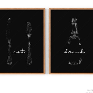 Minimalist Wall Art, Set of 2 Modern Kitchen, Black White Print, Champagne Art, Eat Drink Poster, Dining Room , Above bar cart, Gift for him