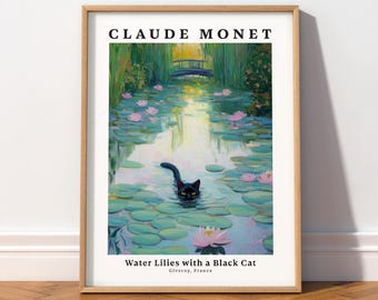 Monet Cat Art Print: Funny Black Cat Painting, Vintage Bathroom Decor