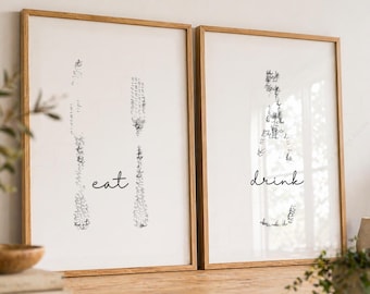 Minimalist Kitchen Wall Art, Eat Drink Typography Print Set