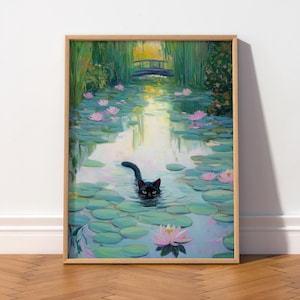 Claude Monet Black cat inspired print, Vintage cat wall art, Famous painting with a cat 28