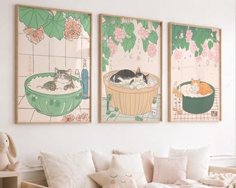 Juego de láminas minimalistas de gatos: arte japonés Japandi, colores suaves (6 unidades)