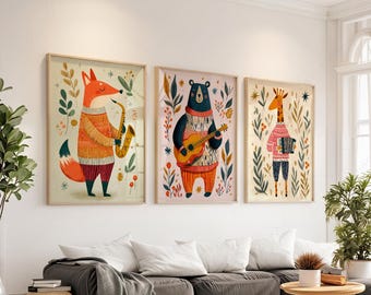 Musical Animal Nursery Art Set of 3, Whimsical Woodland Decor, Kids Room Decor, New Baby Gift 8