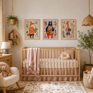 May include: A wooden crib with a pink blanket and floral bedding, positioned below three framed wall art prints featuring a fox playing a saxophone, a bear playing a guitar, and a giraffe playing an accordion, surrounded by nursery decor.