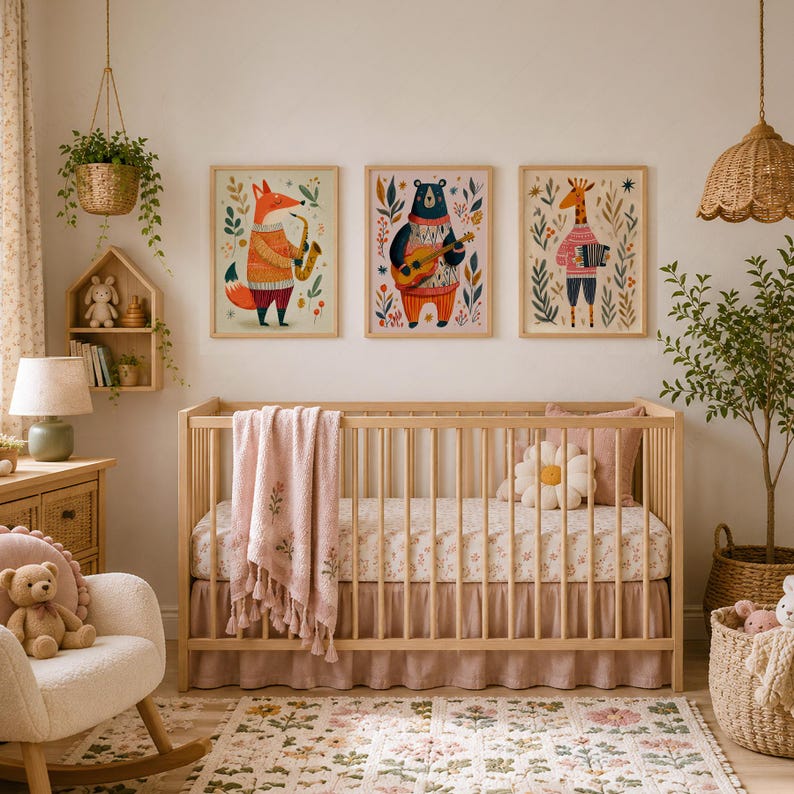 May include: A wooden crib with a pink blanket and floral bedding, positioned below three framed wall art prints featuring a fox playing a saxophone, a bear playing a guitar, and a giraffe playing an accordion, surrounded by nursery decor.