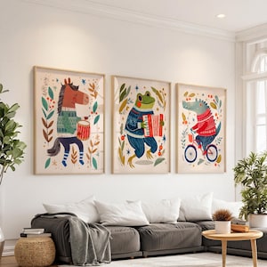 Nursery wall art, Kids Room Decor, Cozy Decor, Frog, Horse, Crocodile, Set of 3 prints 30
