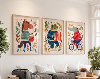 Nursery wall art, Kids Room Decor, Cozy Decor, Frog, Horse, Crocodile, Set of 3 prints 30